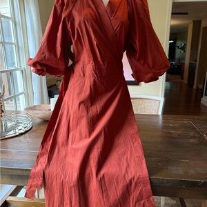 Banana Republic NWT rust/brown solid wrap midi dress, size small, 46”